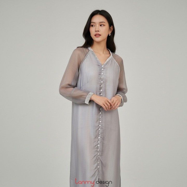 Gray silk dress with the velvet-trimmed collar